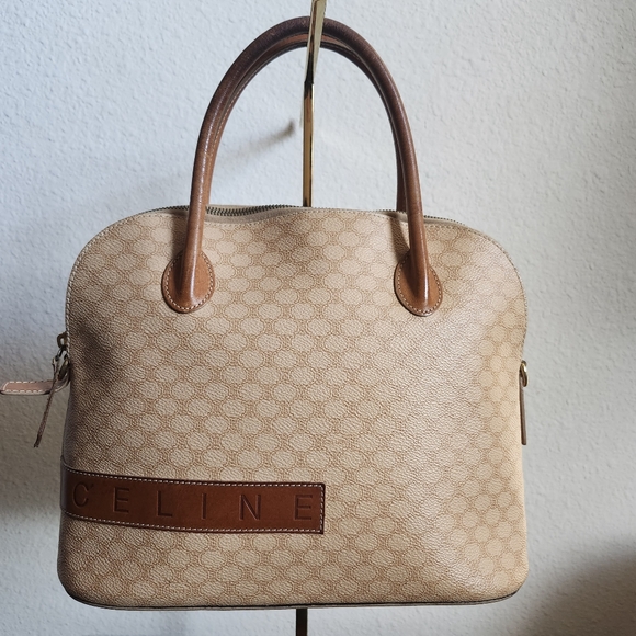 Céline Vintage Macadam Canvas Hand Bag PVC Leather Beige - Picture 1 of 16